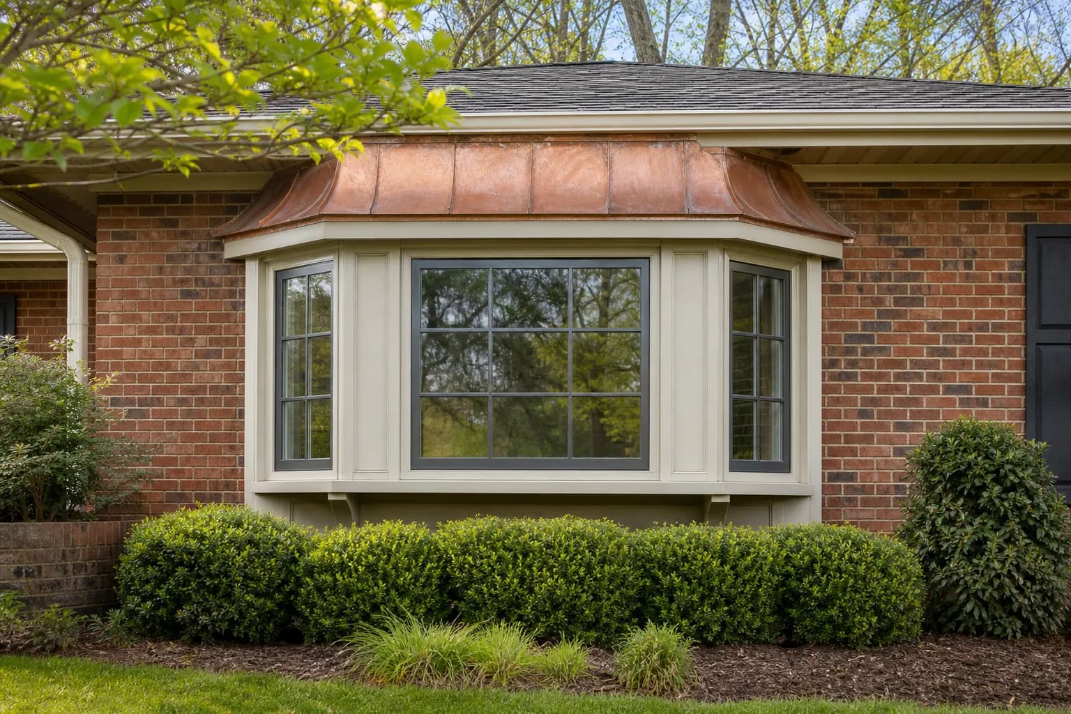 Three-panel bay window with a copper roof on a brick ranch