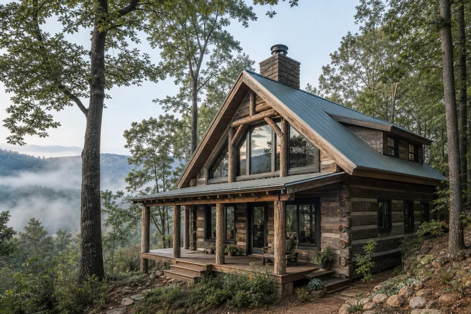 Log-sided mountain cabin with large windows and a covered porch on a forested slope.