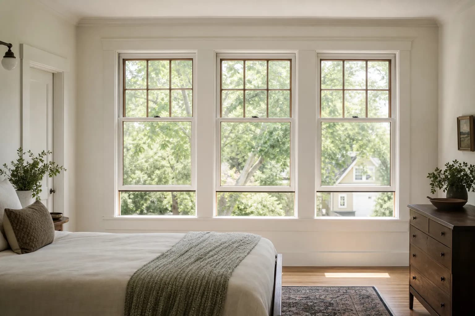 Bedroom with three tall grid-pattern double-hung windows, one sash lifted open.