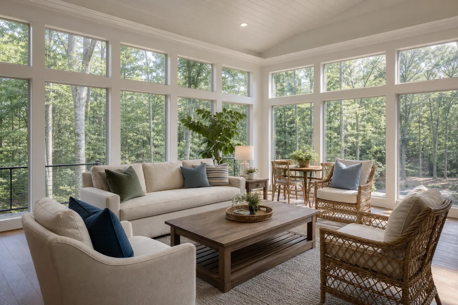 Family room with large low-e windows facing a wooded yard