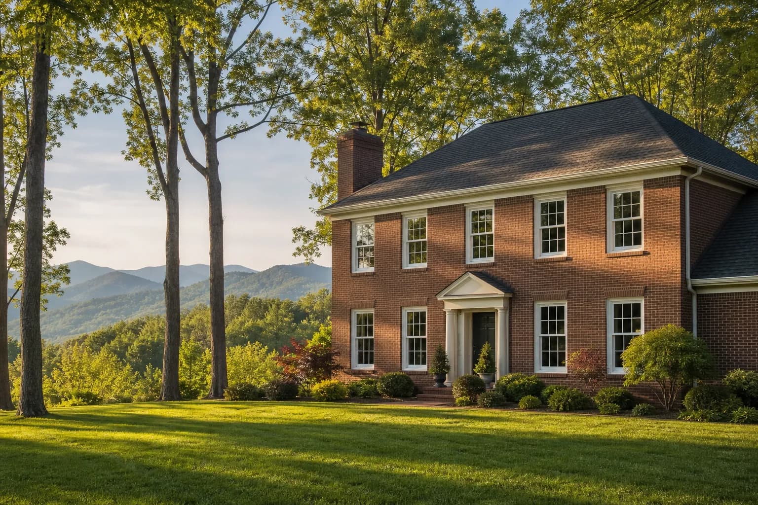 Two-story red brick colonial with new white double-hung windows, tall trees and hazy blue ridges in the distance