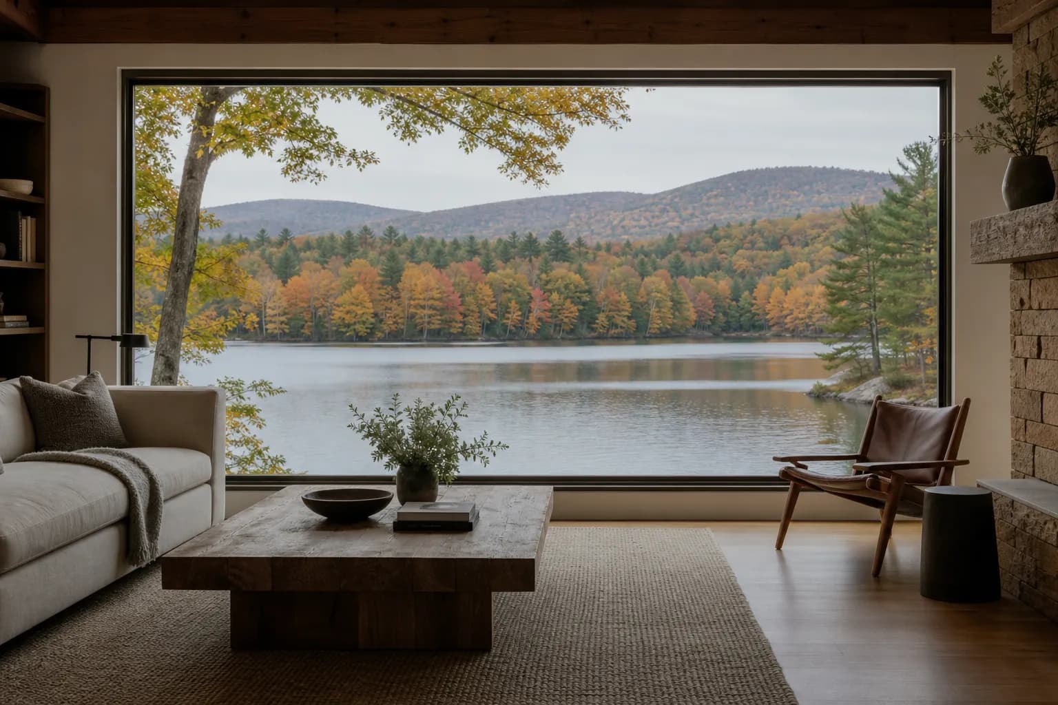 Large fixed picture window framing a lake and forested ridges in early autumn.
