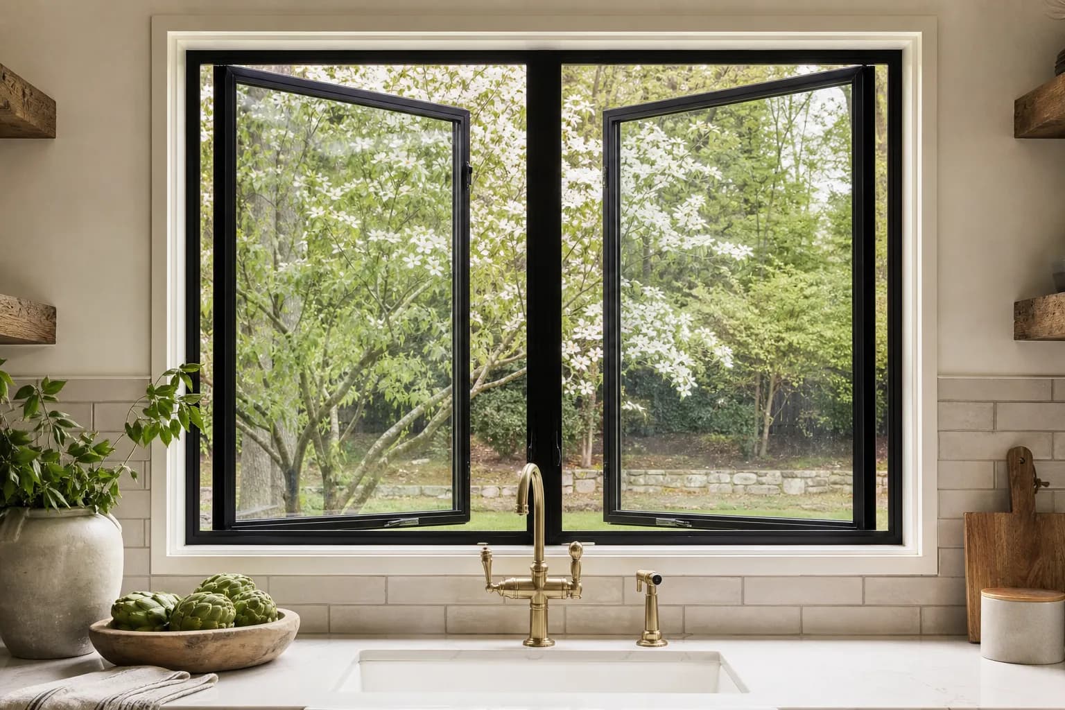 Black-framed casement windows cranked open over a kitchen sink.