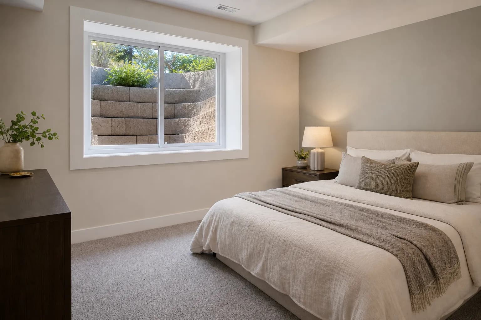 Finished basement bedroom with a new egress window and a stepped window well outside.