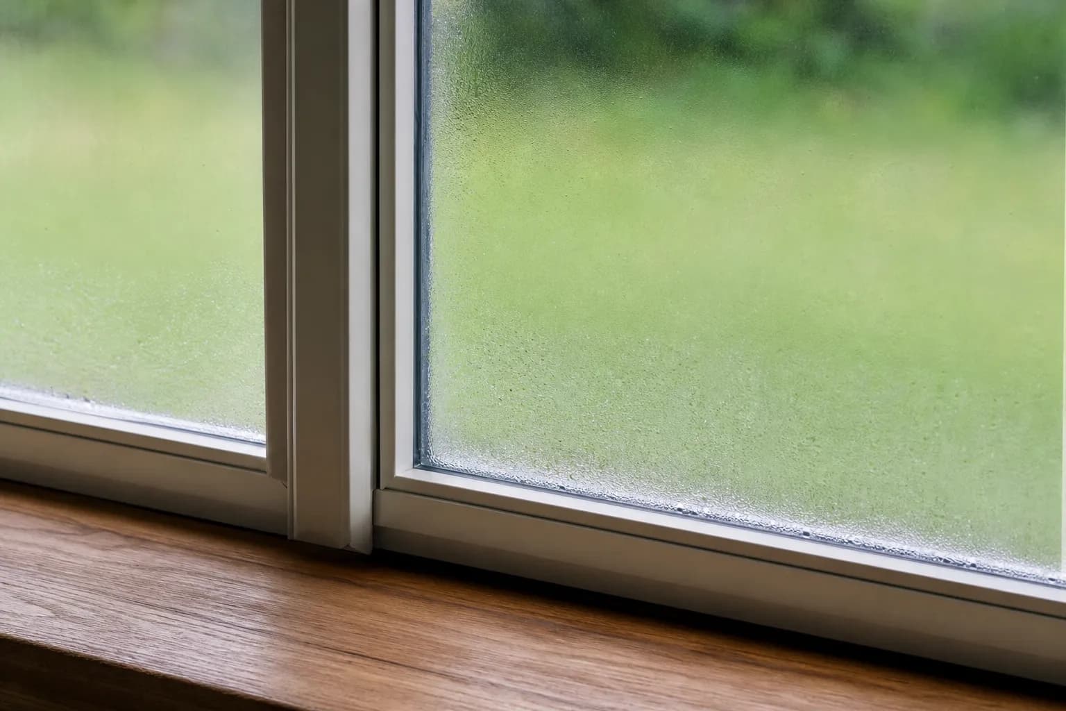 Close-up of a double-pane window with fogging trapped between the panes.