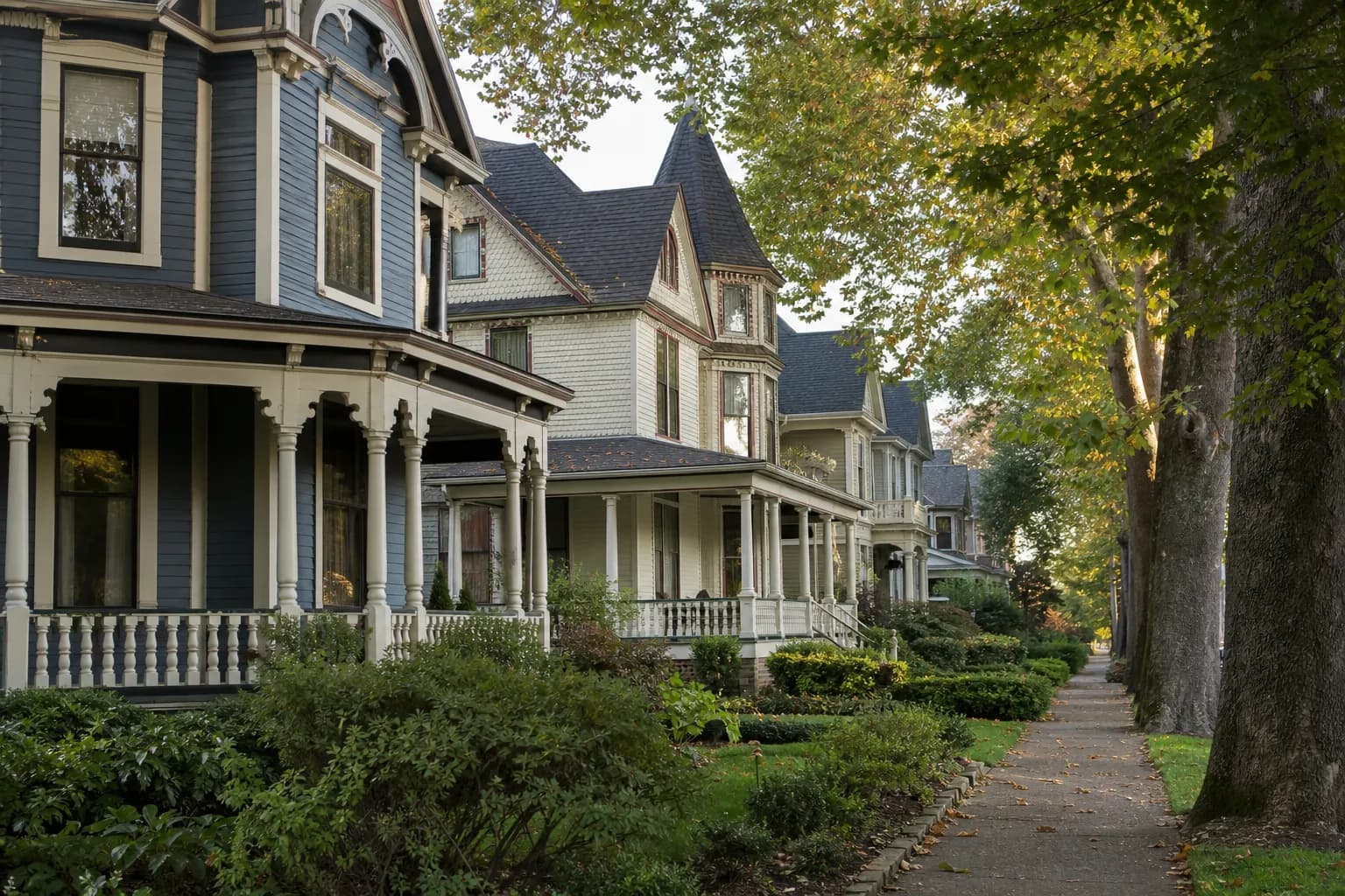 Street of restored Victorian houses with porches and tall wood windows under mature trees.