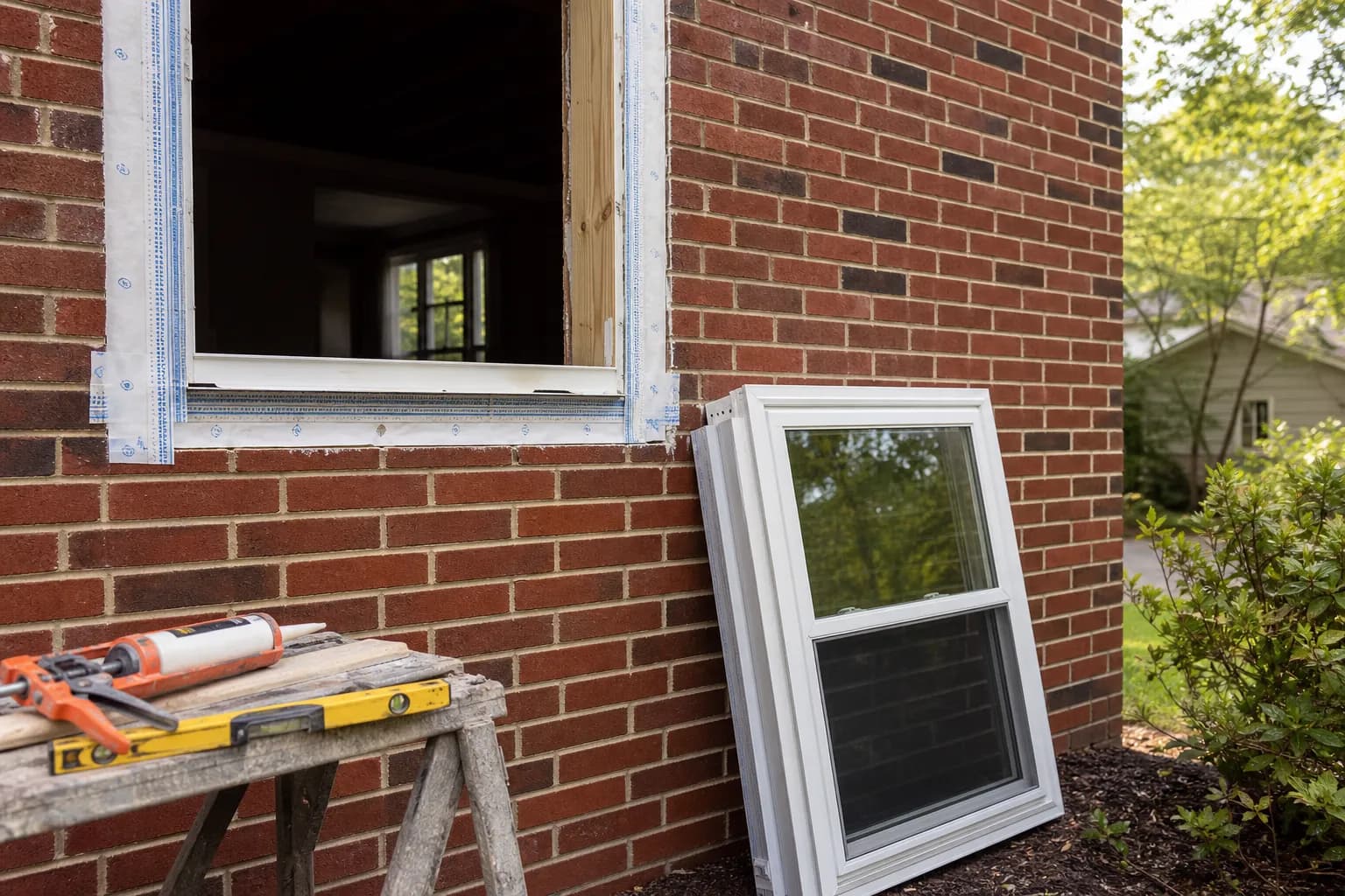 New replacement window leaning against a brick house beside an opening with fresh flashing tape.